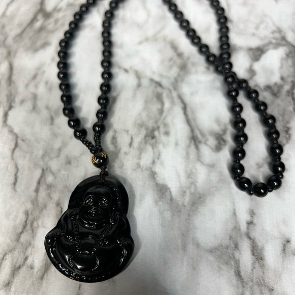 JADE obsidian Black Hand Carved Maitreya Buddah Pendant Necklace - Picture 8 of 9